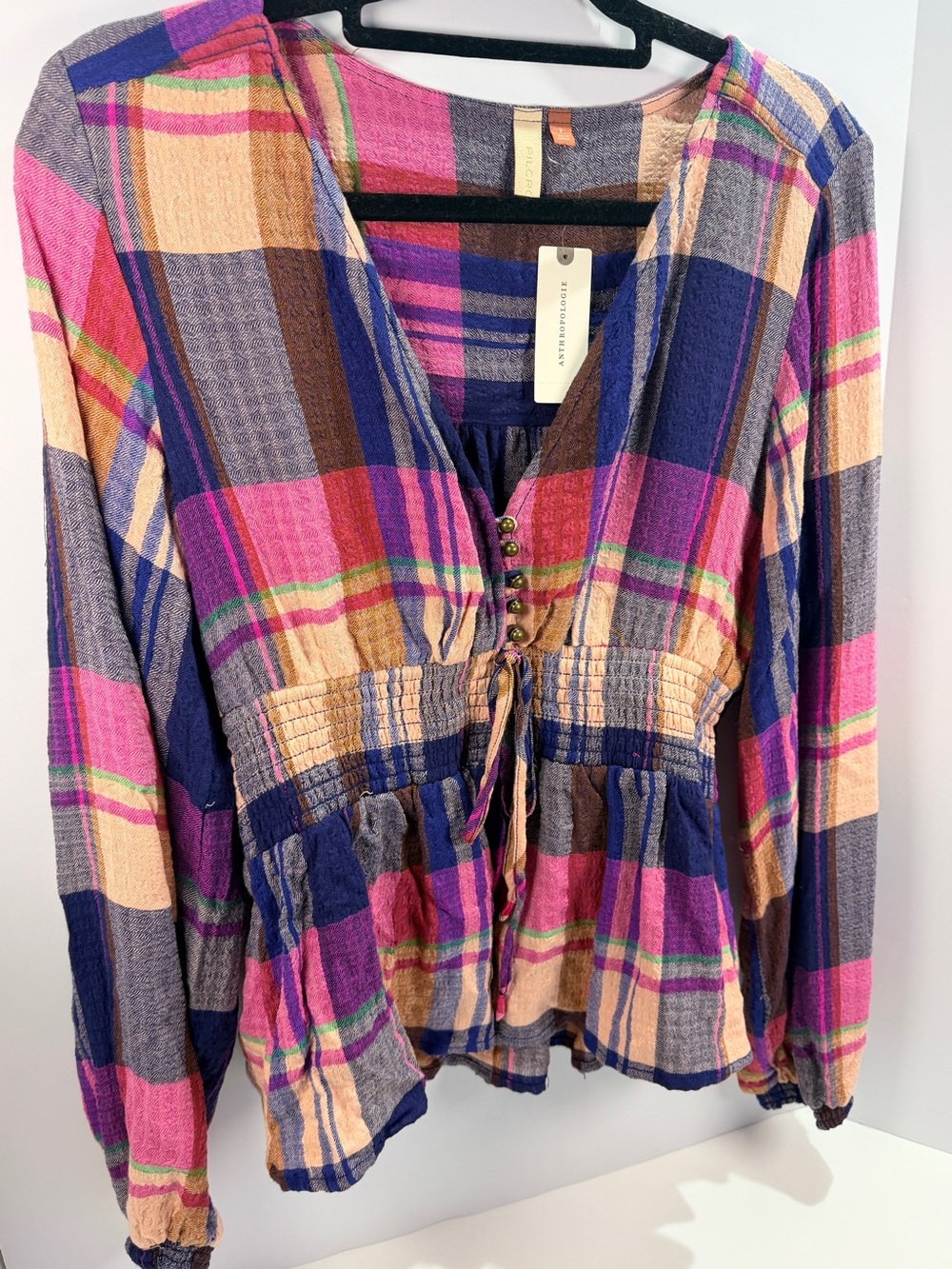 NWT Anthropologie Pilcro Plaid Deep V Tie Front Blouse Pink Purple Size S